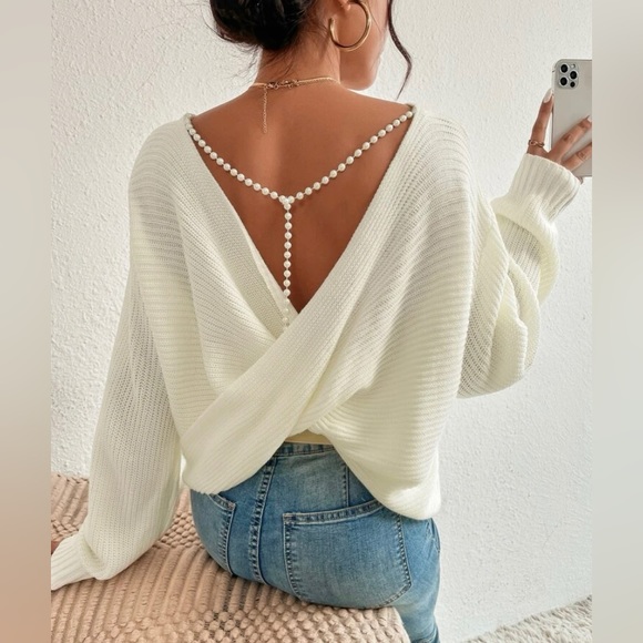 Sweaters - Casual Pearls, Twist, Backless, Beaded Drop Shoulder Sweater